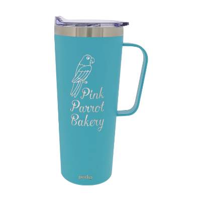Engraved Light Blue tumbler with handle.