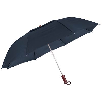 Navy blue 44 inch umbrella with wooden handle.