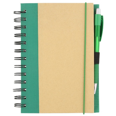 Green paper notebook with matching pen and elastic band closure.