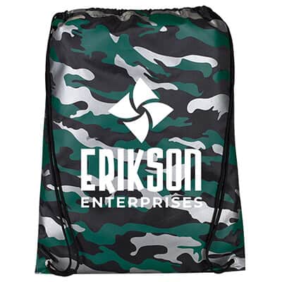 Polyester reflective camo drawstring with personalized logo.