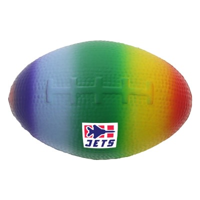 Rainbow foam stress ball with a custom logo.