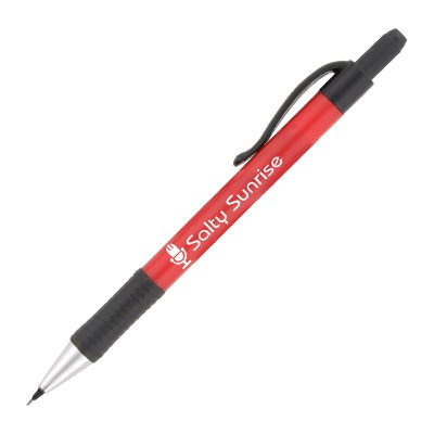 Red mechanical pencil with personalized logo.