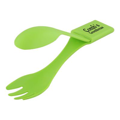 Lime green salad picker and flatware set with custom logo.