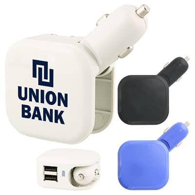Plastic white dual port USB charging adapter with imprinting.