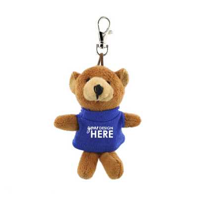 Plush and cotton royal blue wild bunch key tag bear with imprinting.