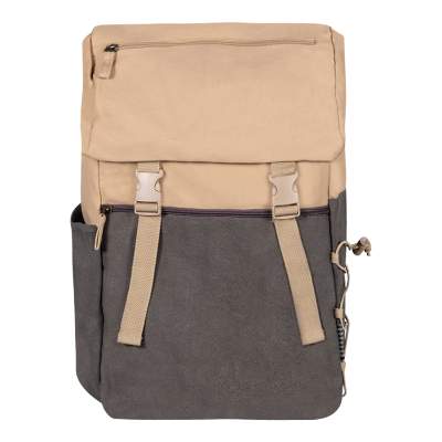 Blank cotton canvas tan with charcoal backpack.