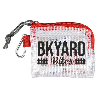 Mesh red first aid kit with a custom imprint.