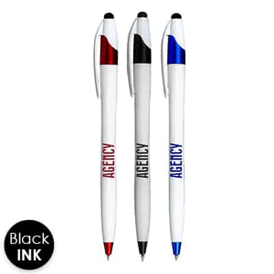 White pens with colorful accent and custom logo.
