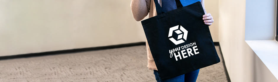 Black laminated tote bag with white imprint