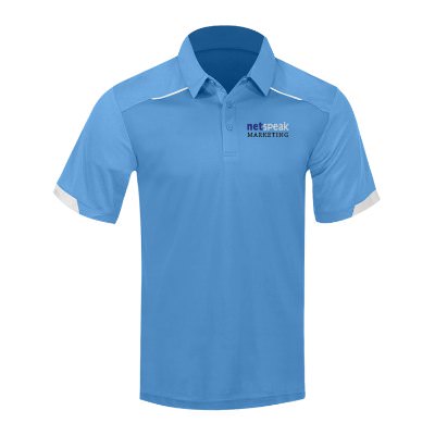 Columbia blue men's polo with custom full color imprint.