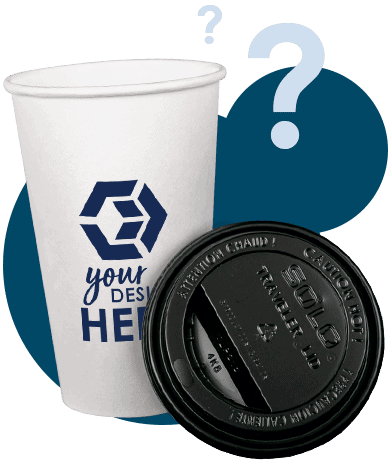 White branded coffee cups with blue imprint and black lid
