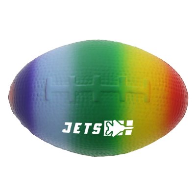 Rainbow foam stress ball with a custom logo.