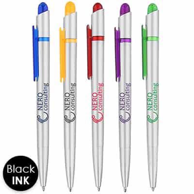Personalized gray pen with colorful accents.