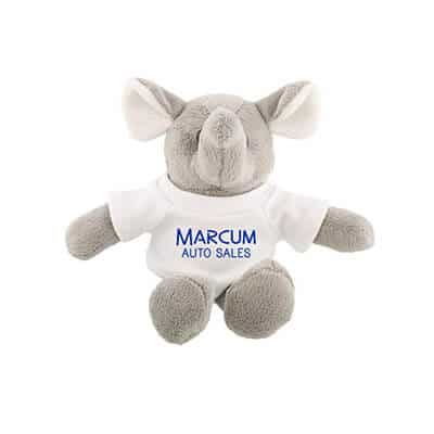 Plush and cotton white mascots elephant with printed logo.