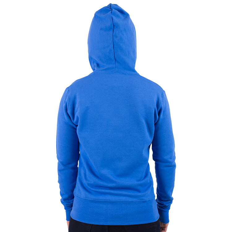 Royal blue customized zip up hooded sweatshirt.