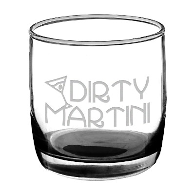 Black whiskey glass with engraved logo.