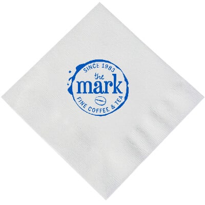 Heavyweight single ply tissue linen-like white dinner napkin with custom diagonal imprint.