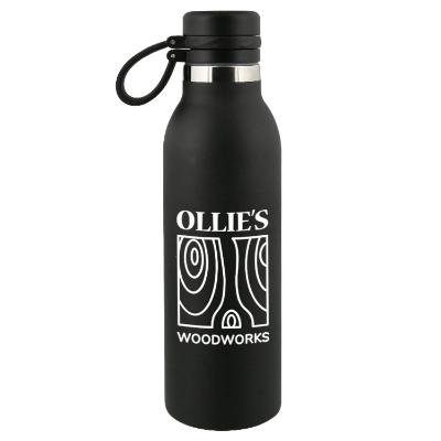 Black stainless steel bottle with custom logo.