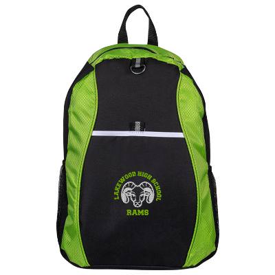 Green backpack with embroidered logo.