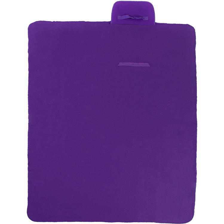 Fleece blanket with attached handle.