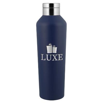Matte navy stainless bottle with engraved logo.