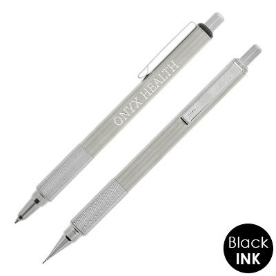 Silver writing set with custom engraved logo.