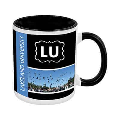 Ceramic white with black coffee mug with c-handle and custom full-color branding in 11 ounces.