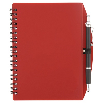 Translucent Red spiral notebook with pen.