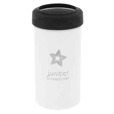 Stainless steel white slim can cooler with engraved imprint.