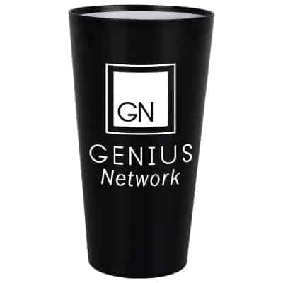Plastic black cup with custom imprint in 20 ounces.