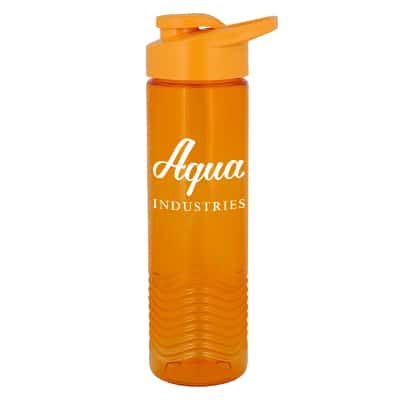 Plastic orange water bottle with drink thru lid and custom print in 24 ounces.