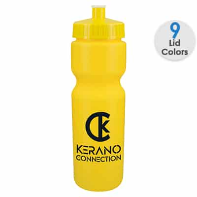 Plastic blue water bottle with custom logo and push pull lid in 28 ounces.