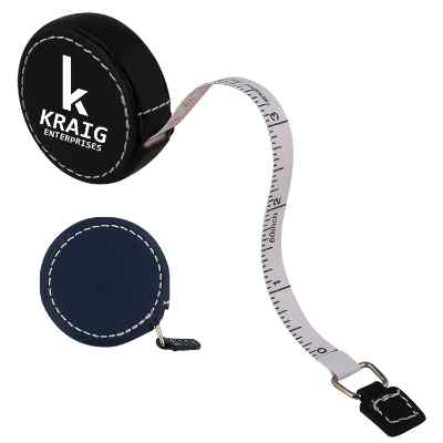 Leather and fabric black retractable tape measure with imprint.