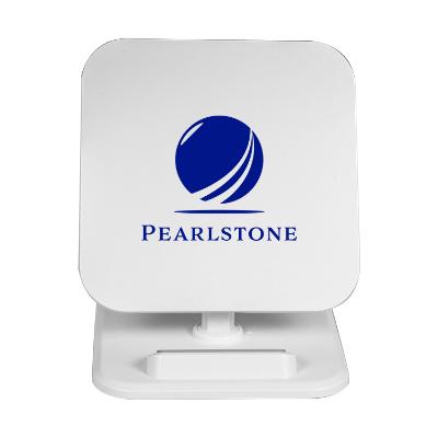 White plastic phone stand with a customized imprint.