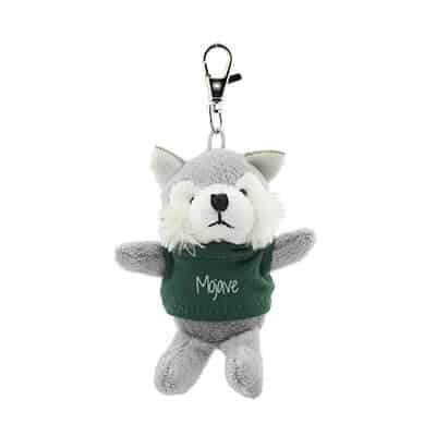 Plush and cotton forest green wild bunch key tag wolf with imprinted logo.