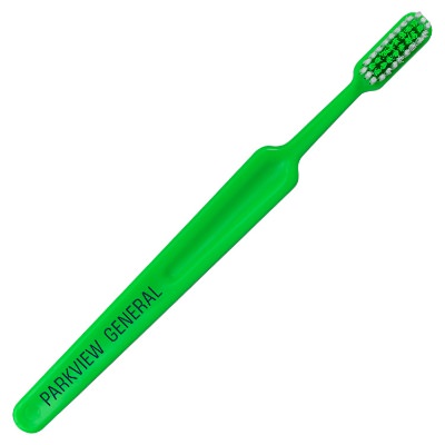 Green plastic toothbrush with a personalized logo.
