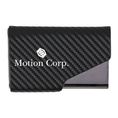 Steel and polyurethane black power bank with card wallet and logo.
