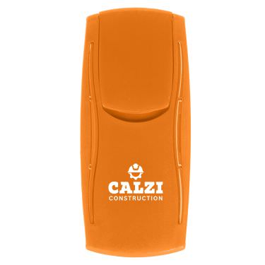 Plastic orange sun care kit with a branded logo.