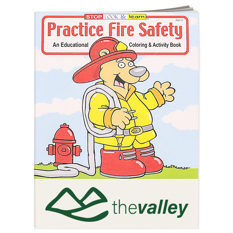 Paper practice fire safety coloring book with branded imprint.