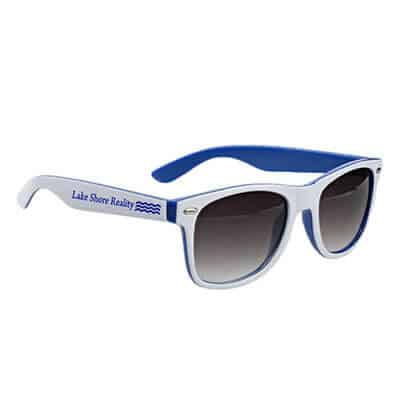 Polycarbonate blue with white trim dual-side malibu sunglasses with imprinting.