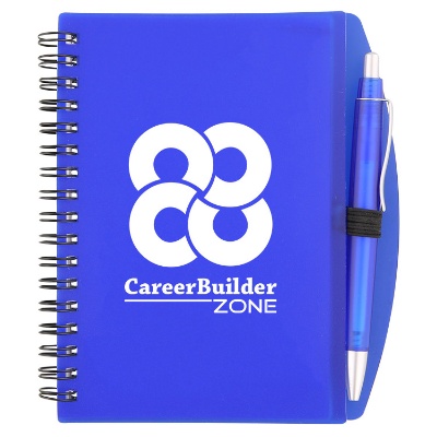 Flexible branded blue notebook with matching pen and sticky notes.