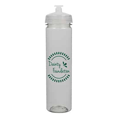 Plastic clear water bottle with custom design and push pull lid in 24 ounces.