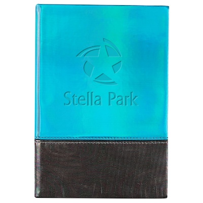 Blue gemstone journal with custom debossed logo.