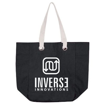 Cotton canvas black bold tote with imprinted logo.