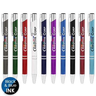Full-color metal pen with custom logo.