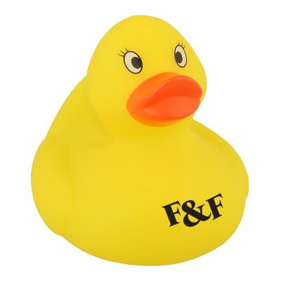 Plastic yellow branded rubber duck.
