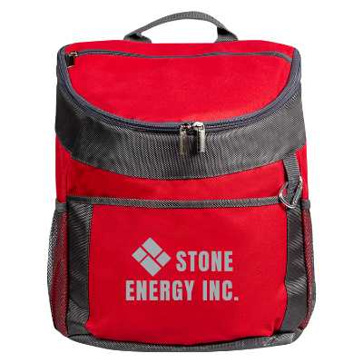 Red backpack cooler with custom logo.
