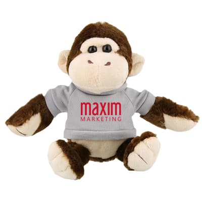 Plush and cotton gorilla with heather gray shirt with personalized imprint.