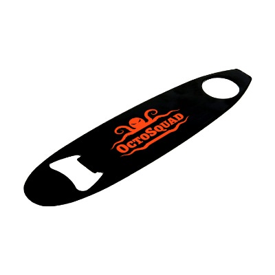 Surfboard paddle style bottle opener with custom imprint.