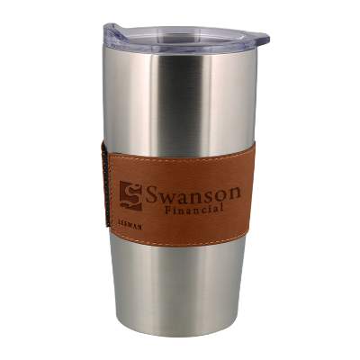 Stainless tumbler with tan sleeve and custom imprint.